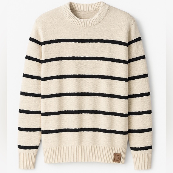 Little Bipsy Sweaters - Little Bipsy Striped Knit Sweater Beige & Black Crewneck XXL Minimalist Neutral